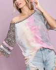 BiBi Tiedye French Terry with Leopard Sleeve Top