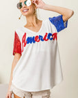 BiBi Metallic Letter V-neck Sequin Sleeves Top