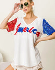 BiBi Metallic Letter V-neck Sequin Sleeves Top