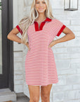 Stripe Quarter Zip Polo Collar T-Shirt Dress