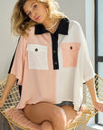 BiBi Color Block Quarter Neck Short Dolan Sleeve Top