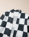 Black Checkered Waffle Knit Thumbhole Open Front Cardigan