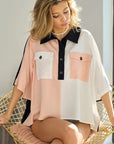 BiBi Color Block Quarter Neck Short Dolan Sleeve Top