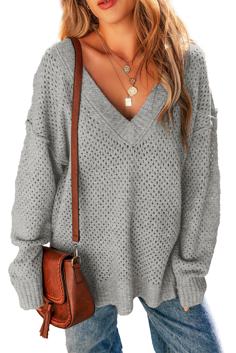 Light Grey Oversized V Neck Drop Shoulder Sweater with Eyelet Detail