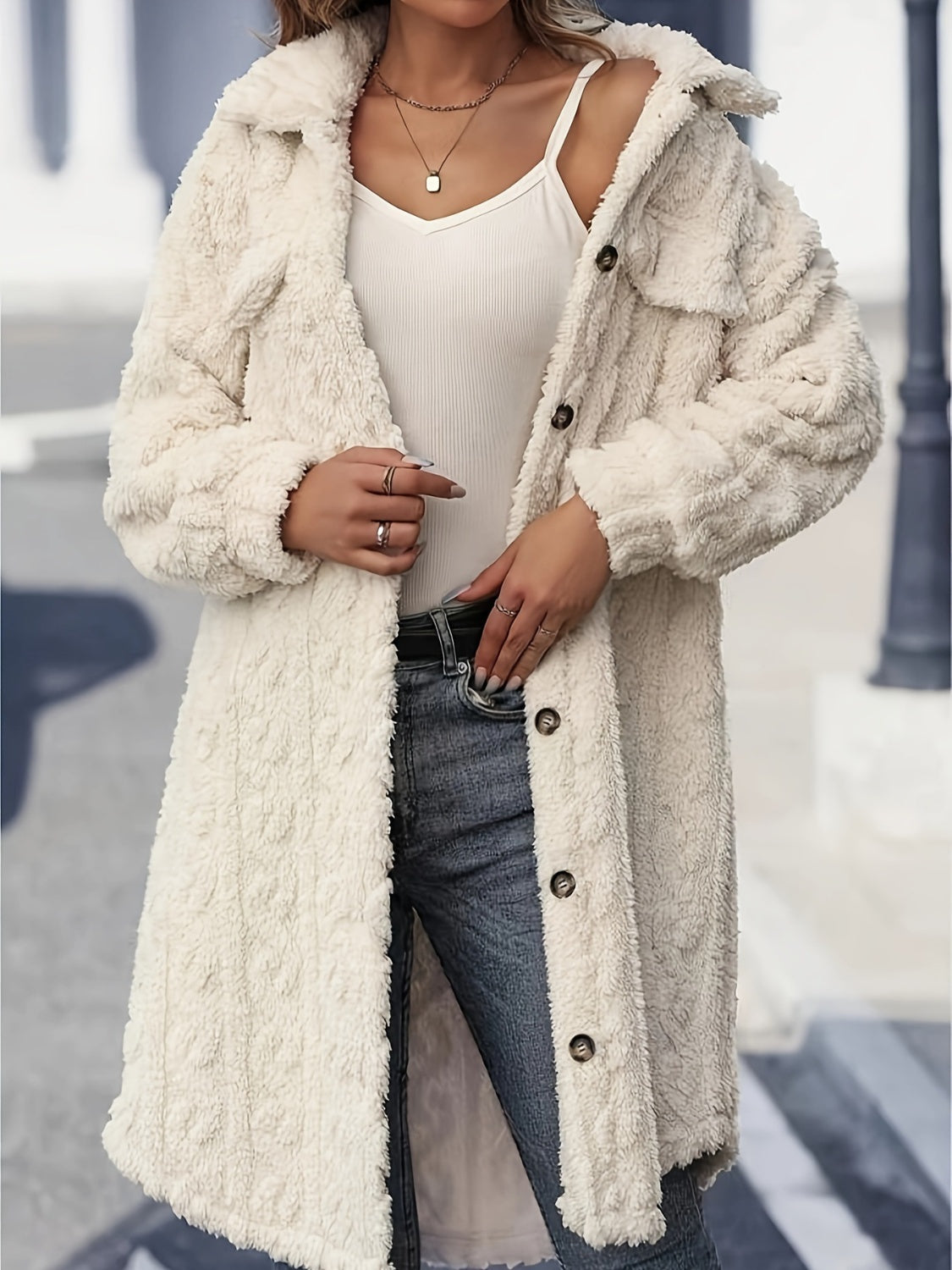 Fuzzy Button Up Longline Coat