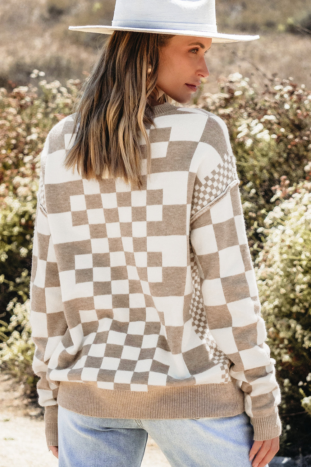 Brown Checkered Print Drop Shoulder Round Neck Sweater