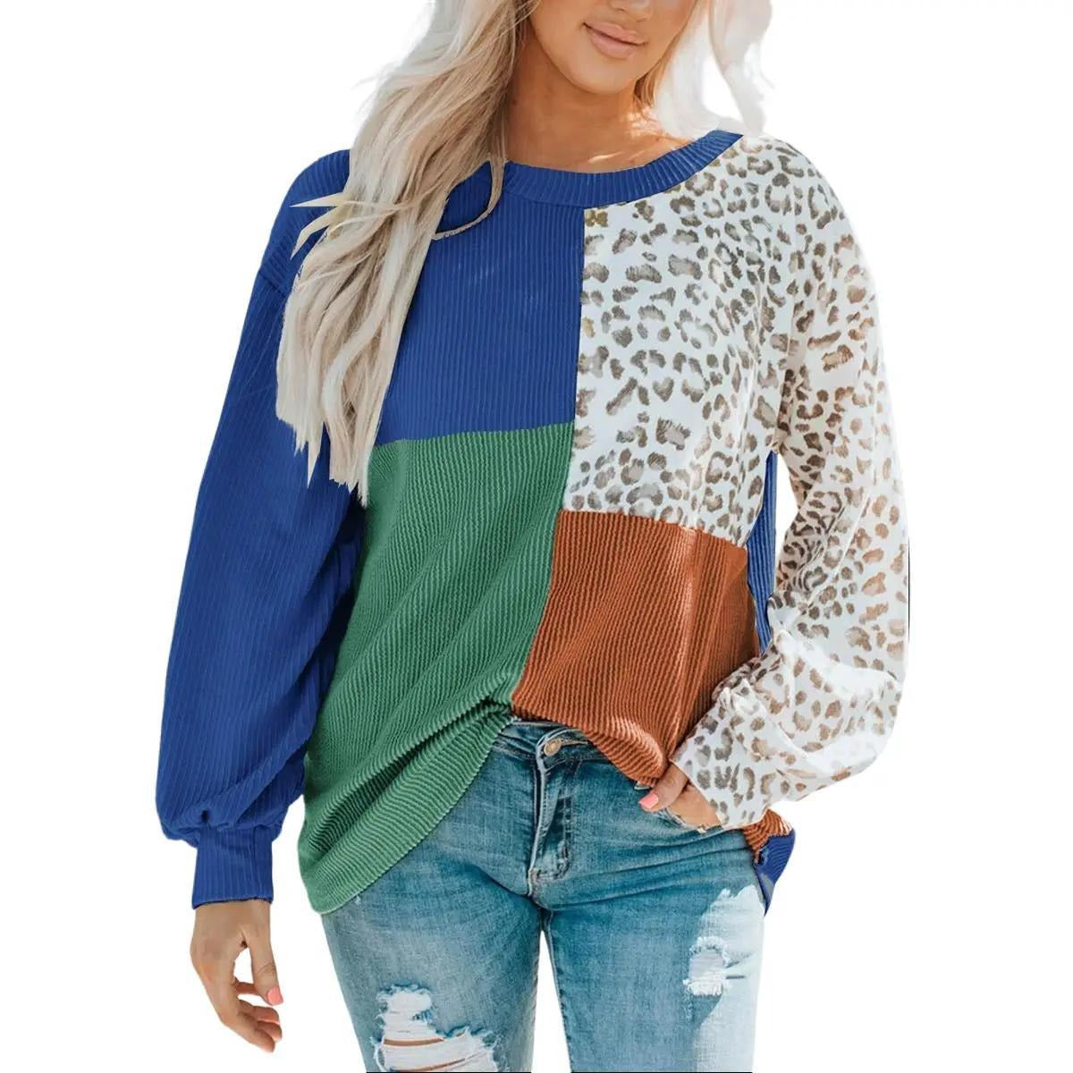 Leopard Patchwork Color Block Ribbed Long Sleeve