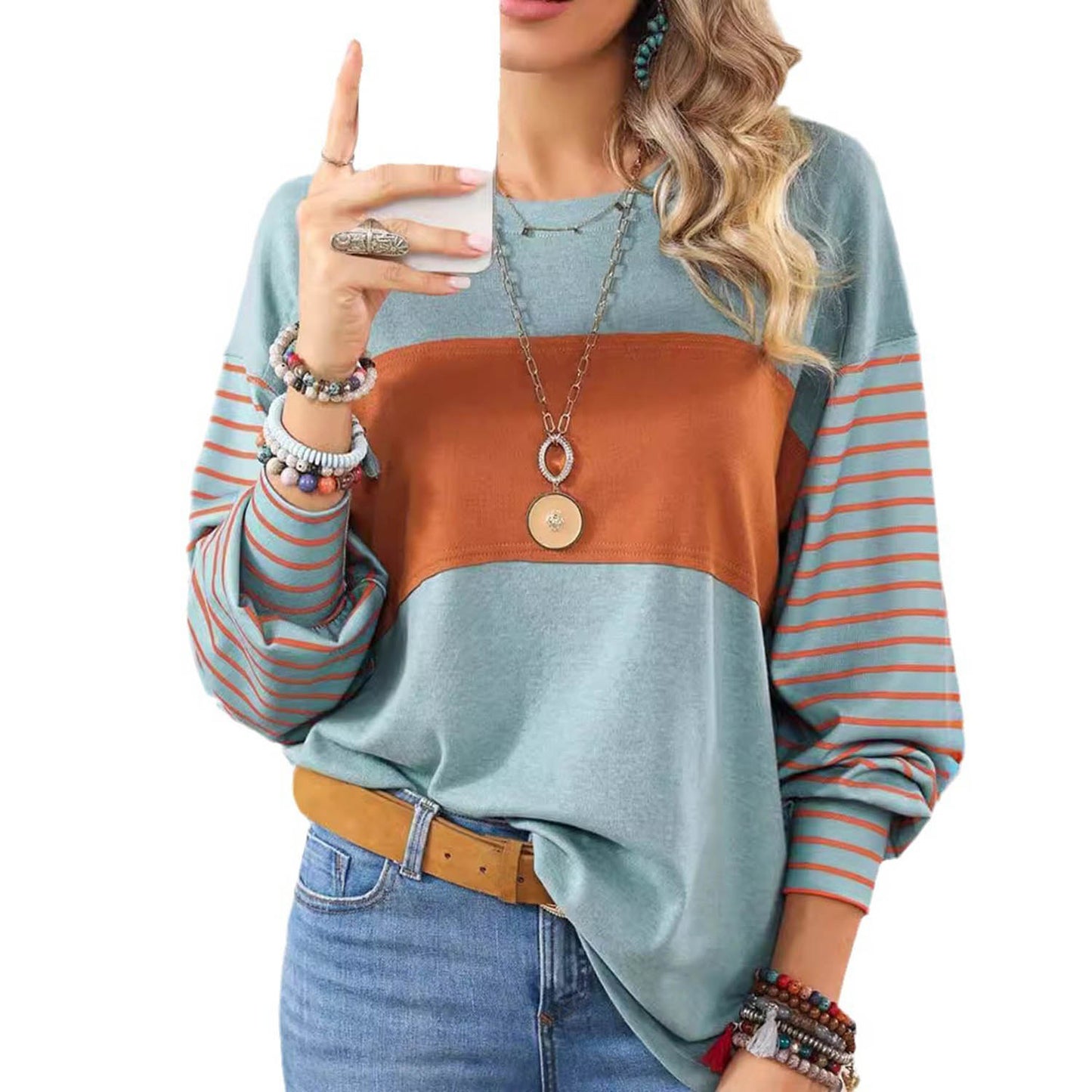 Womens Long Sleeve Pullover Tops Striped Basice T-shirt