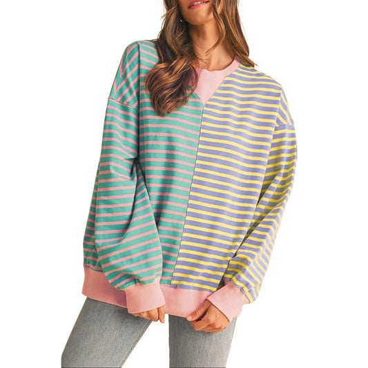 Women Stripe Color Block Drop Shoulder Pullover Sweatshirt