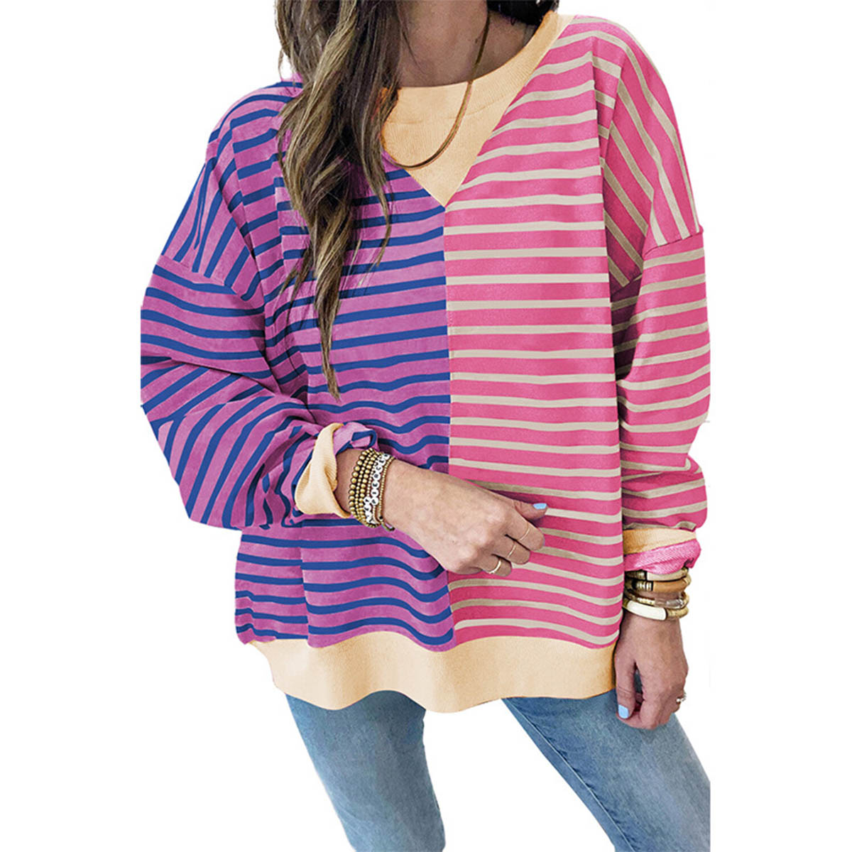 Women Stripe Color Block Drop Shoulder Pullover Sweatshirt