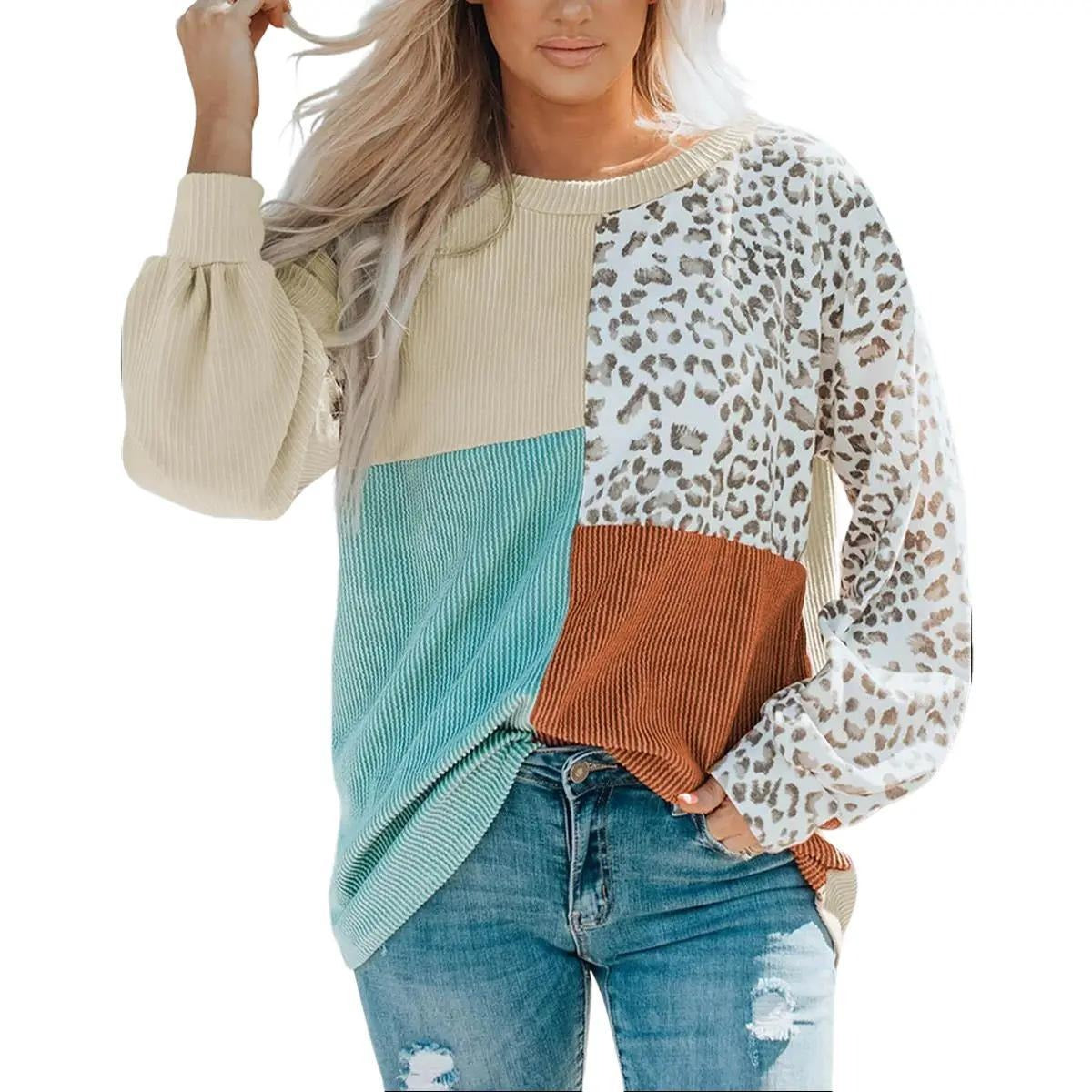 Leopard Patchwork Color Block Ribbed Long Sleeve