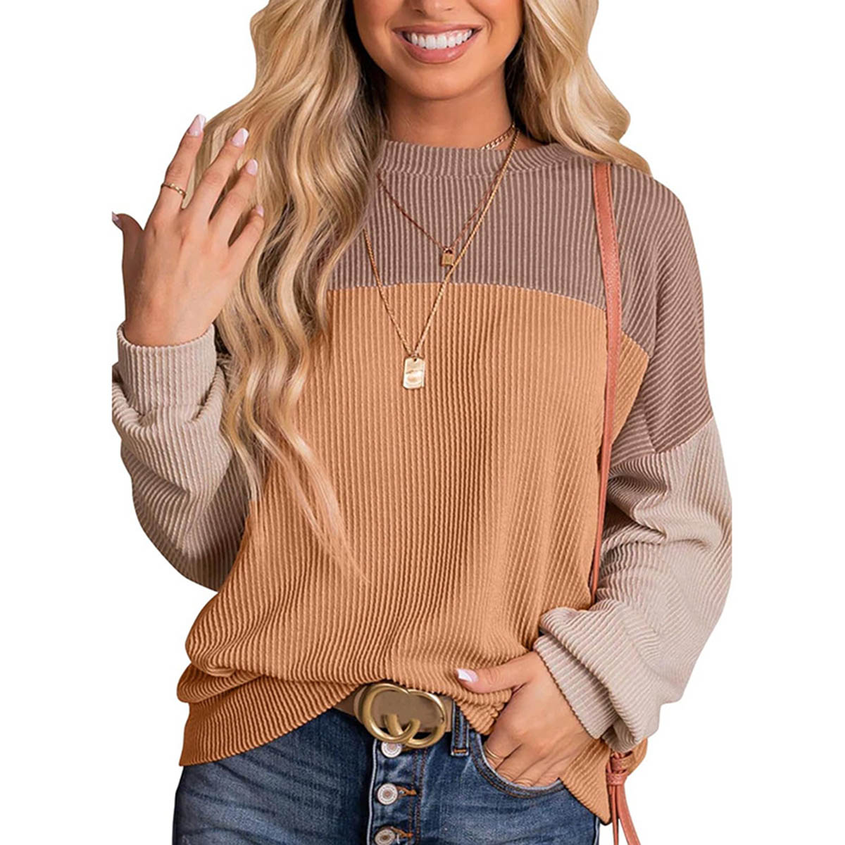 Womens Color Block Long Sleeve Crewneck Knitted Casual Pullover Tops