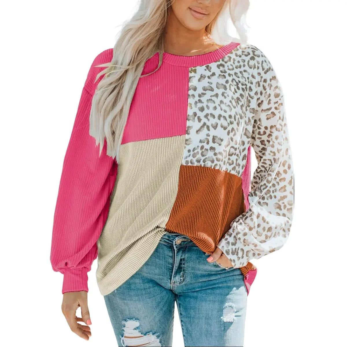 Leopard Patchwork Color Block Ribbed Long Sleeve