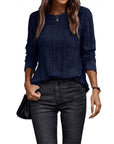 Women Solid Crew Neck Long Sleeve Ribbed Fall Tunics Casual Fit