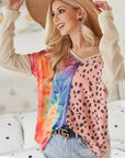 BiBi Print Block V Neck Top with Contrast Stitching