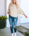 Ribbed Knit Reverse Seam 3/4 Sleeve Sweater