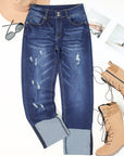 Denim High Waist Distressed Straight Leg Jeans