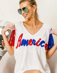 BiBi Metallic Letter V-neck Sequin Sleeves Top