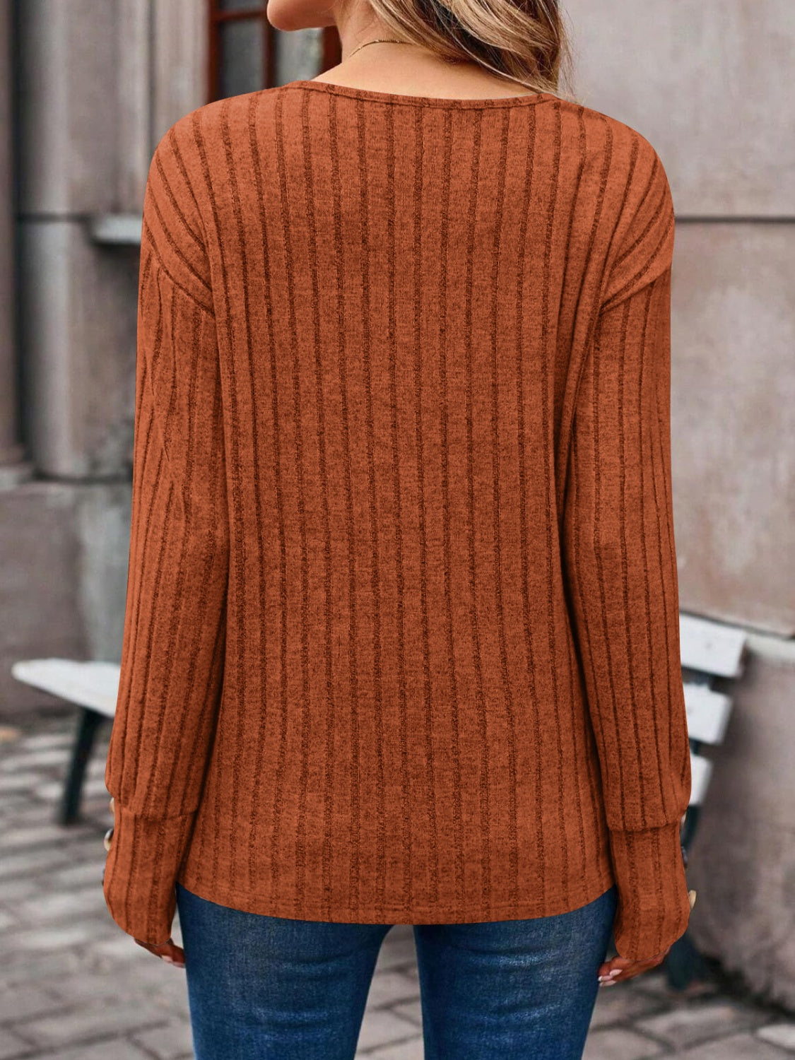 Button V-Neck Long Sleeve