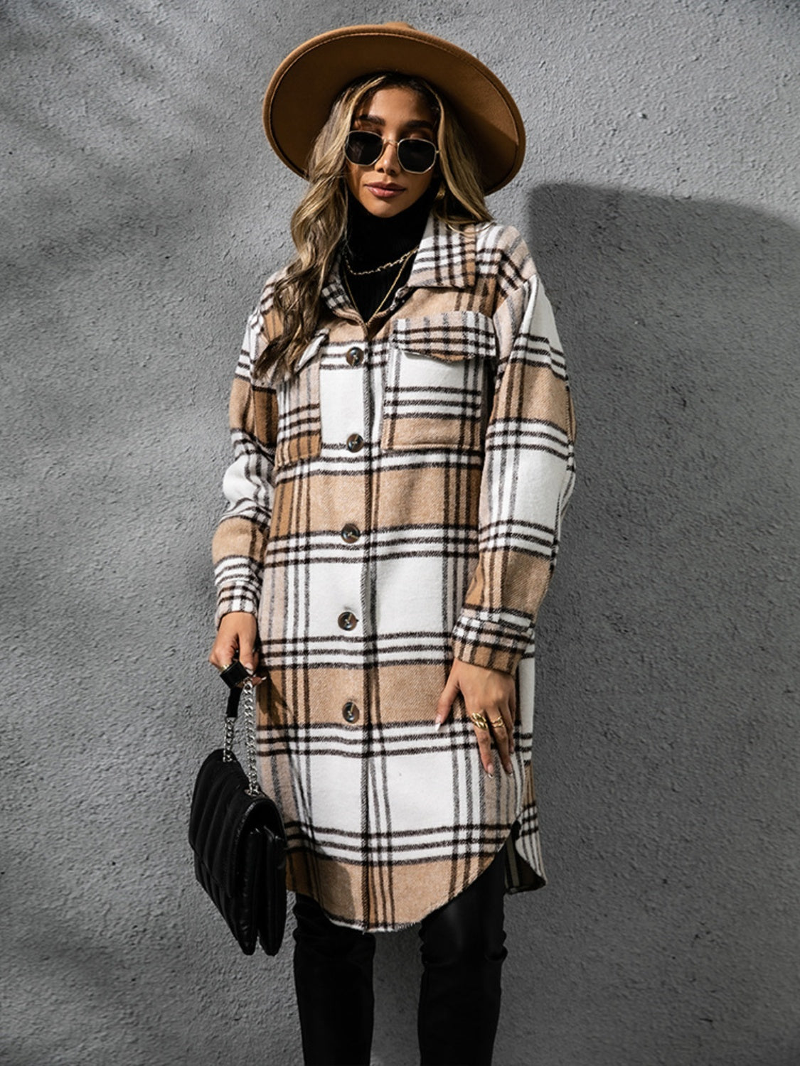 Plaid Collared Long Sleeve Coat