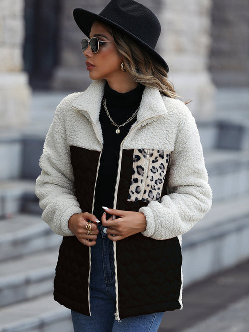 Leopard Pocket Plush Quilted Jacket