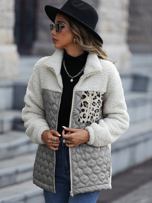 Leopard Pocket Plush Quilted Jacket