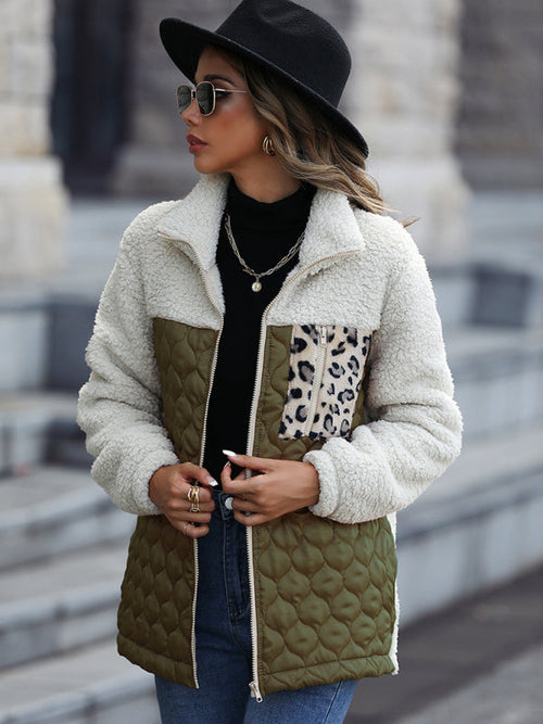 Leopard Pocket Plush Quilted Jacket